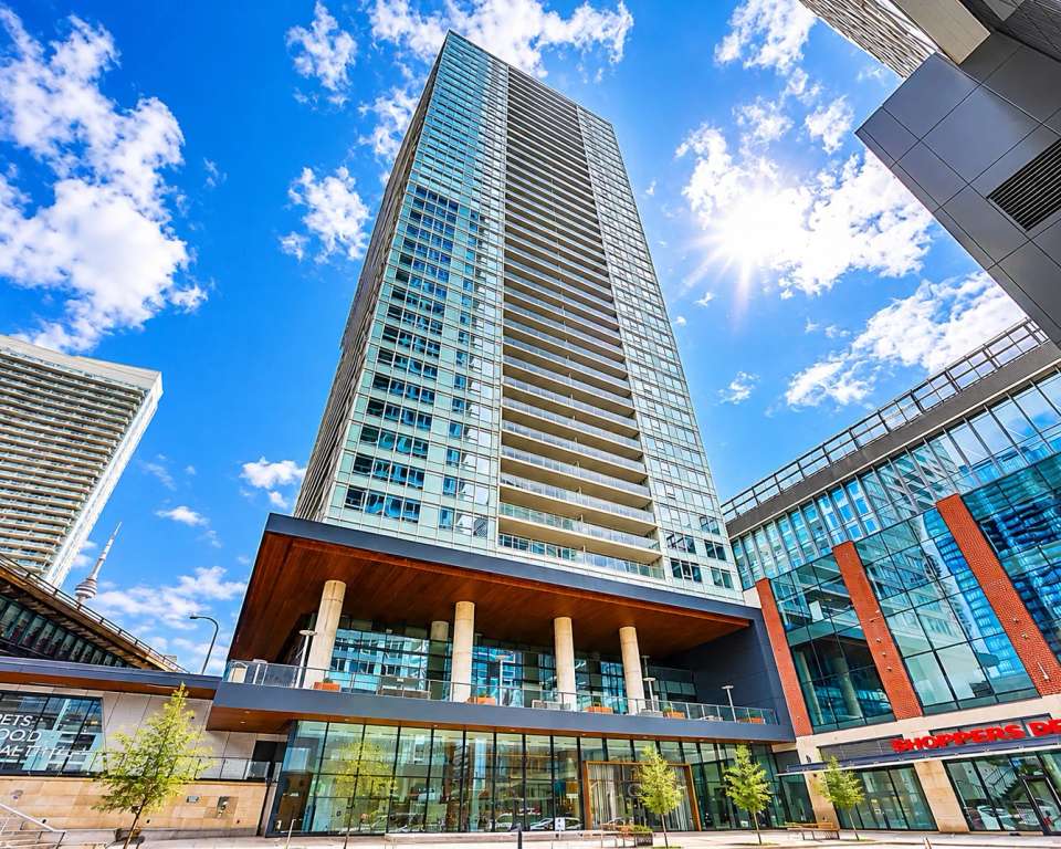 The LakeFront condo tower at 17 Bathurst St in Toronto's CityPlace on a sunny day