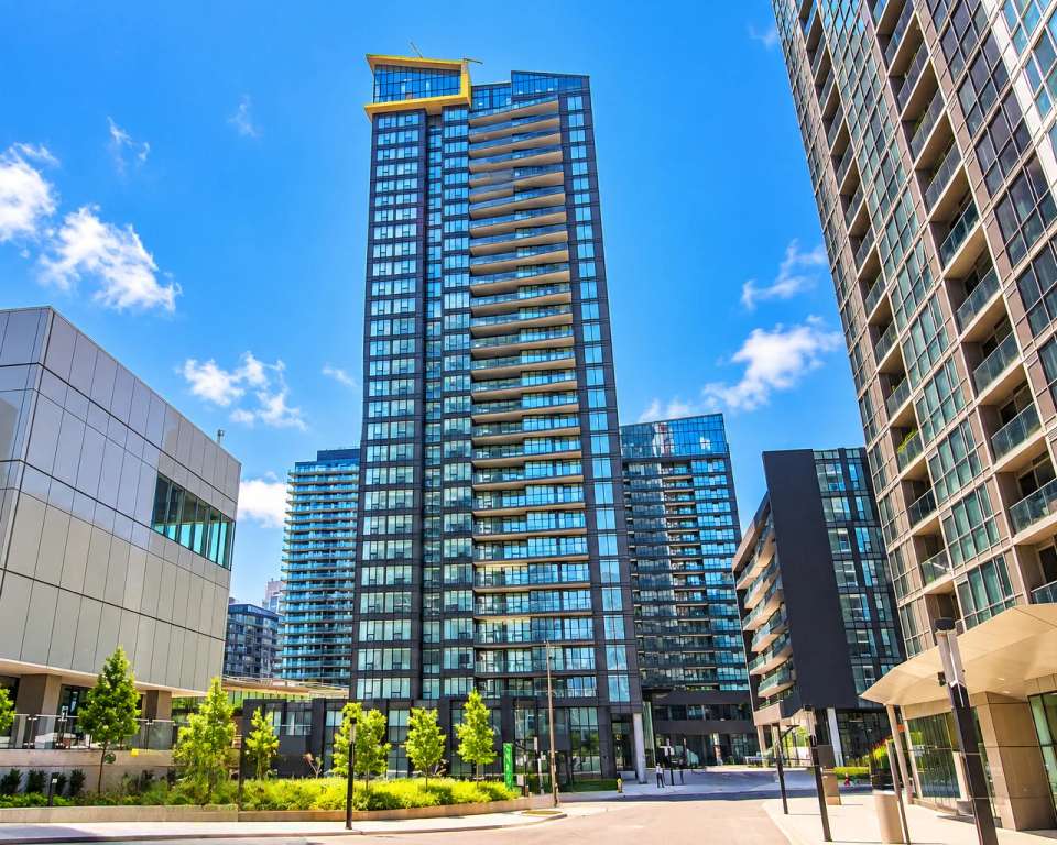 Forward condo tower at 70 Queens Wharf Rd in Toronto's CityPlace on a sunny day
