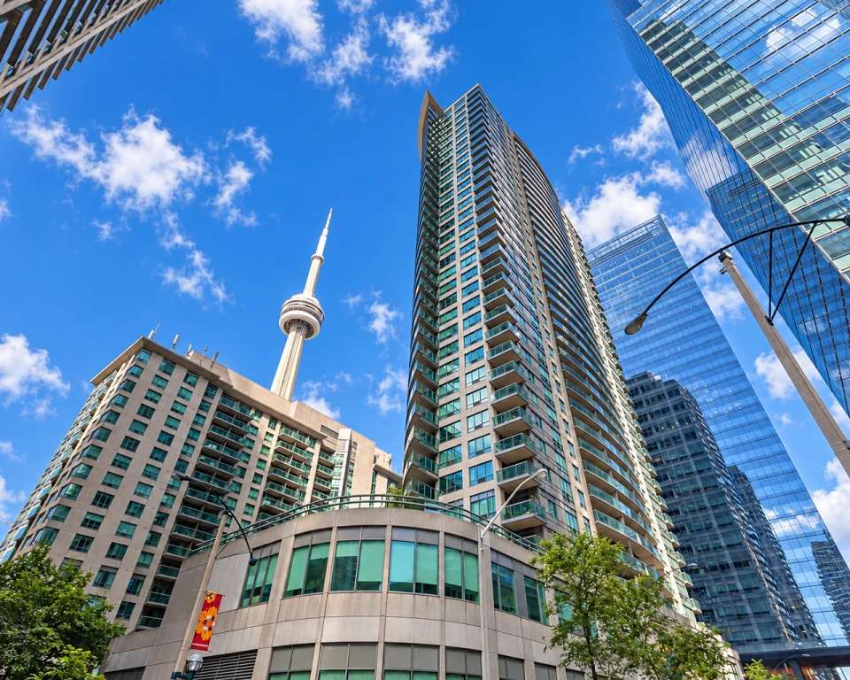 Infinity I condo tower exterior, 30 Grand Trunk Cres, Toronto